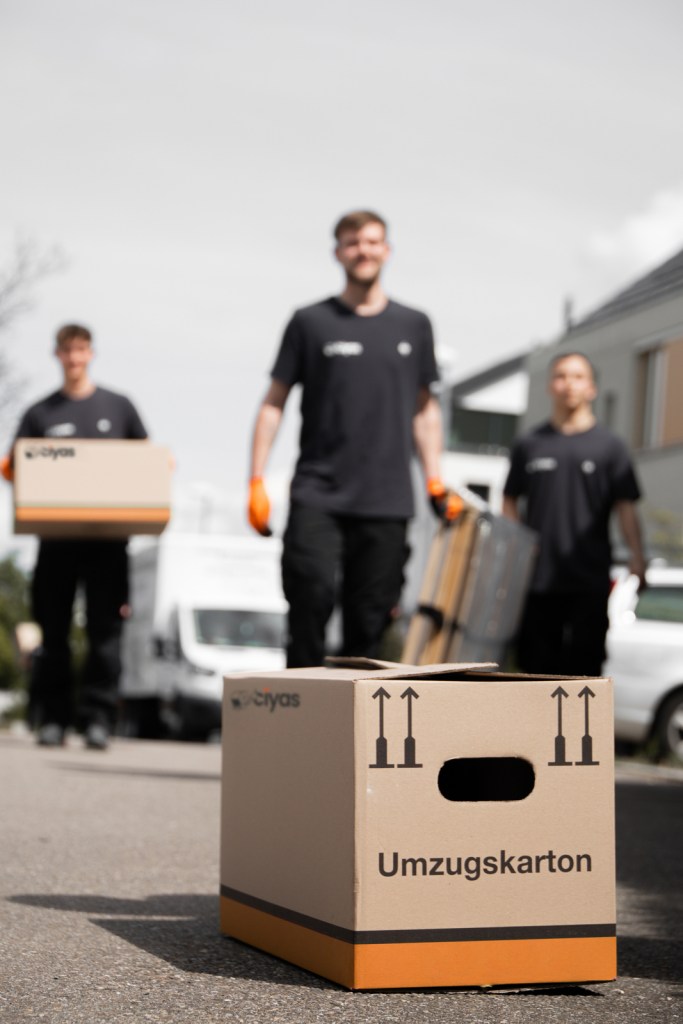 Bedruckter, orangener Umzugskarton der Ciyas GmbH